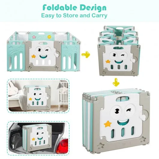 14-Panel Foldable Baby Playpen Kids Activity Centre-Green