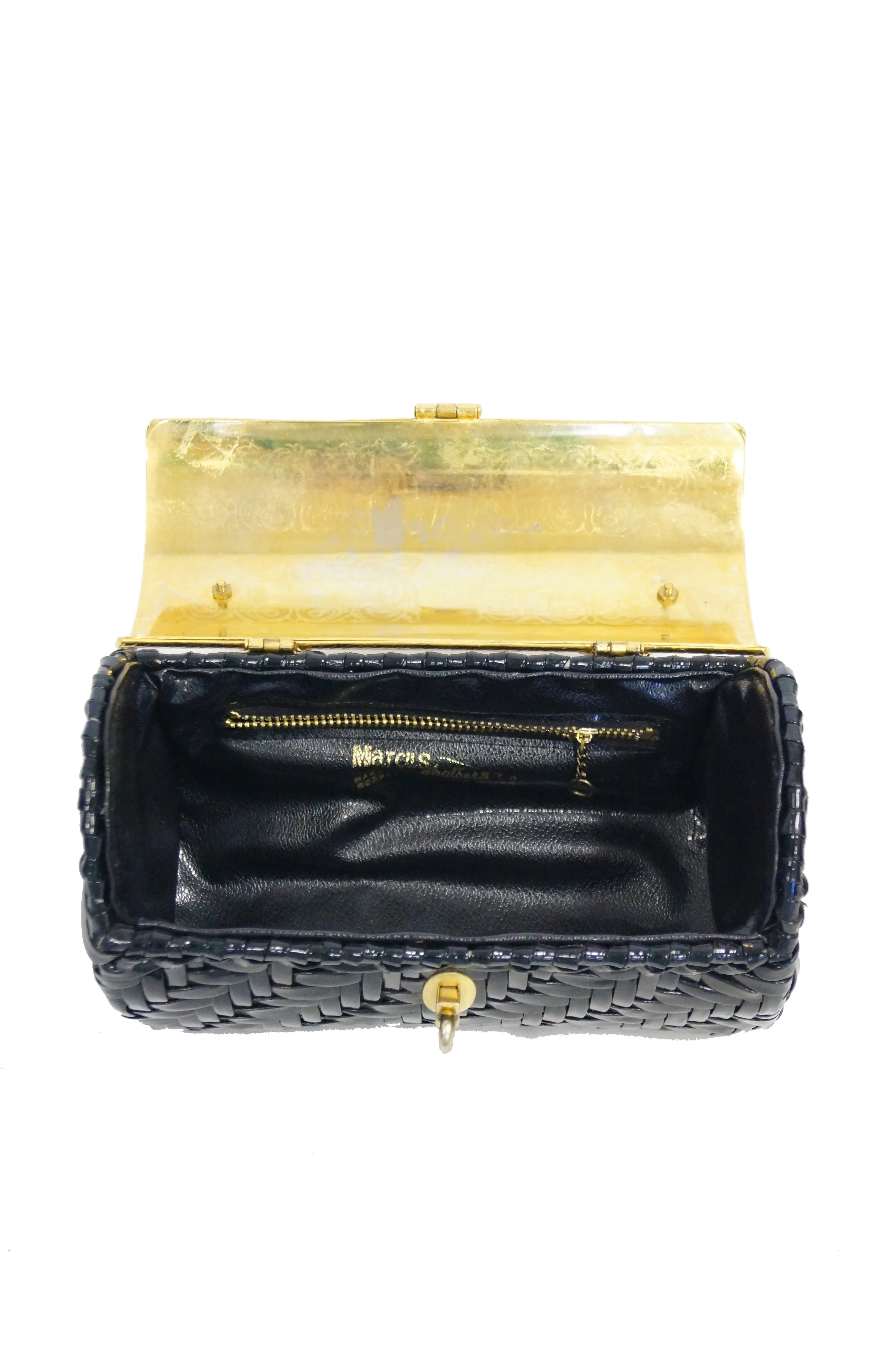 1950s Marcus Brothers Basket Weave Handbag w/ Floral Etched Gold Lid