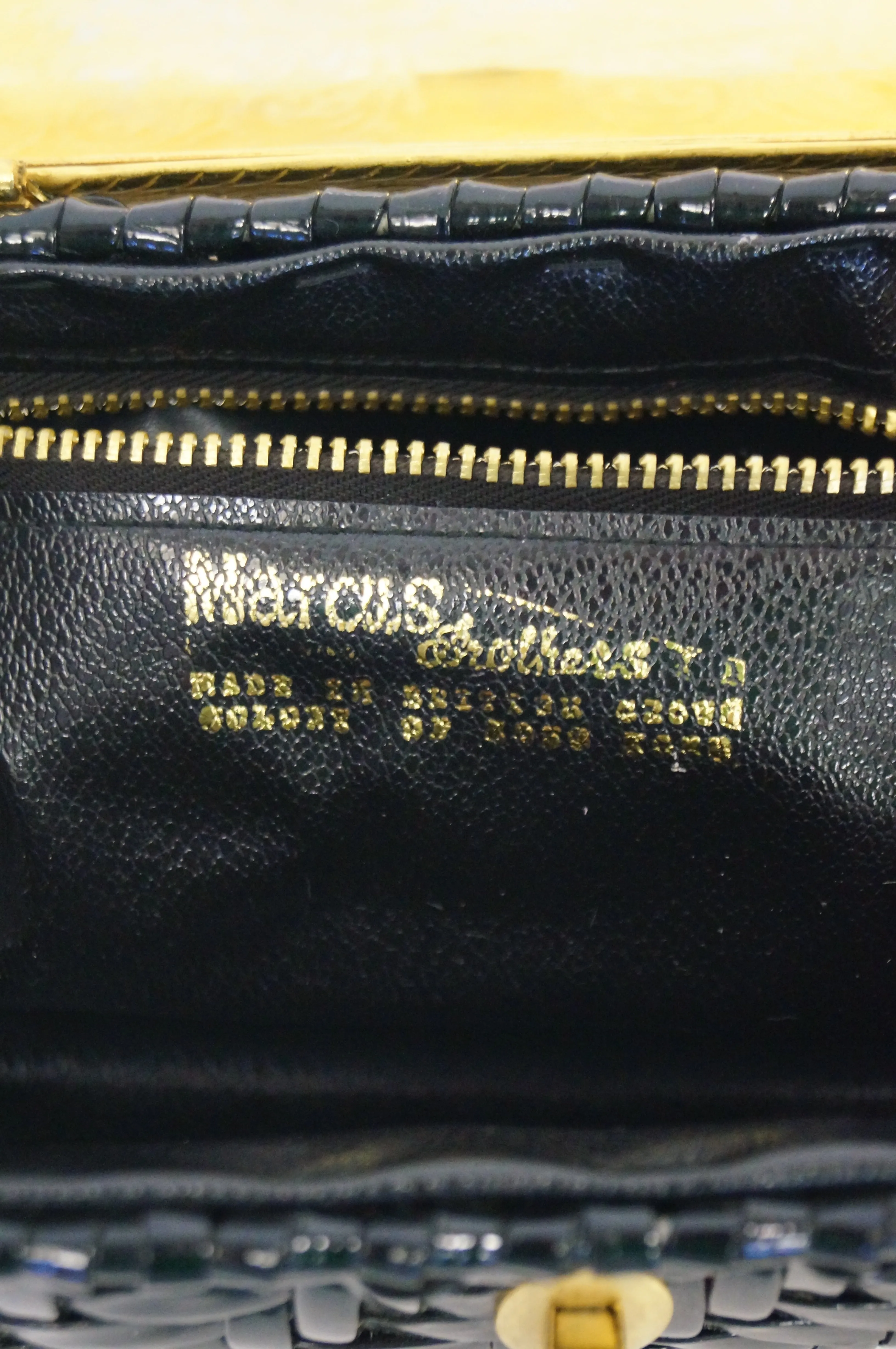 1950s Marcus Brothers Basket Weave Handbag w/ Floral Etched Gold Lid