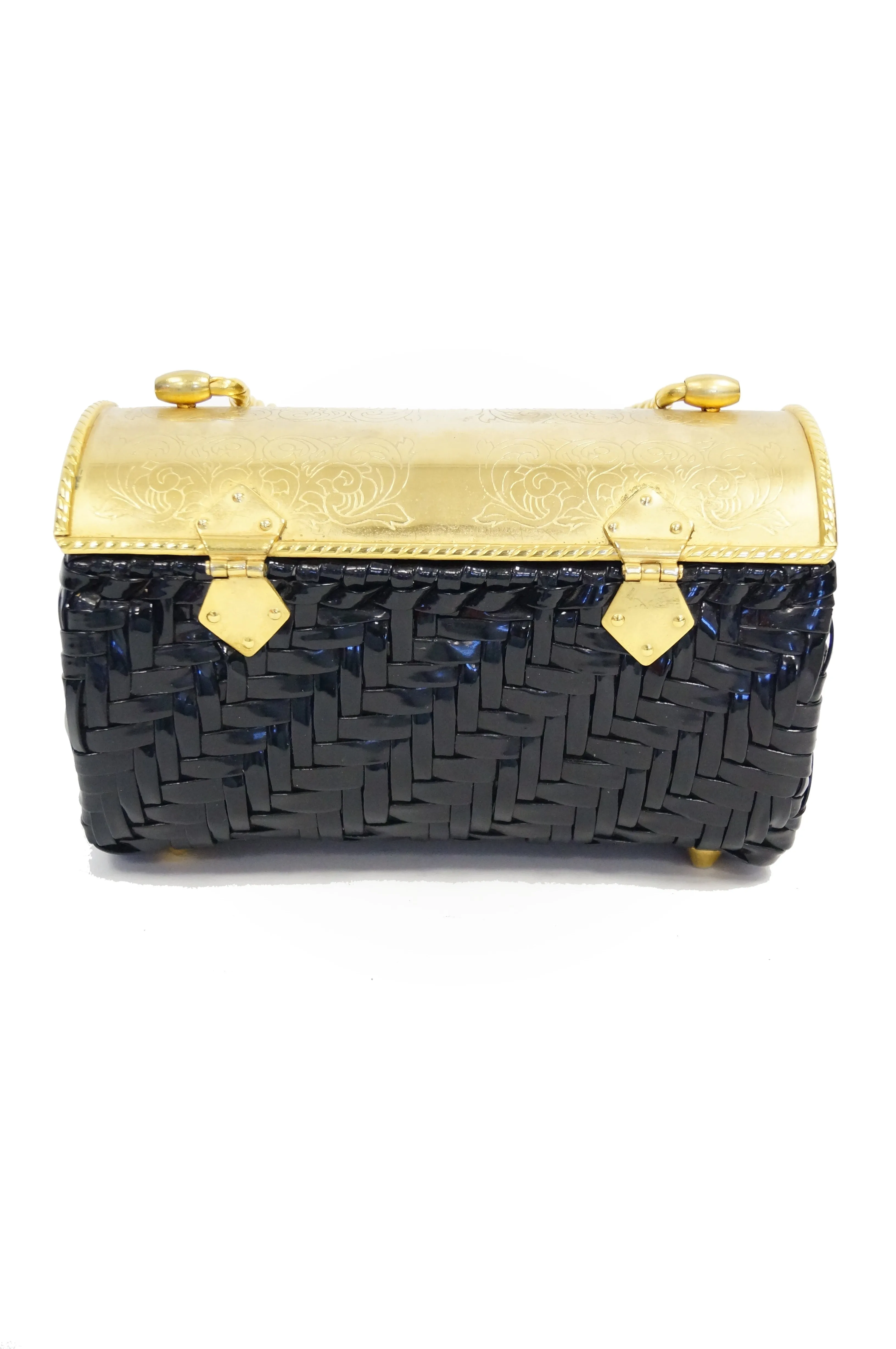 1950s Marcus Brothers Basket Weave Handbag w/ Floral Etched Gold Lid