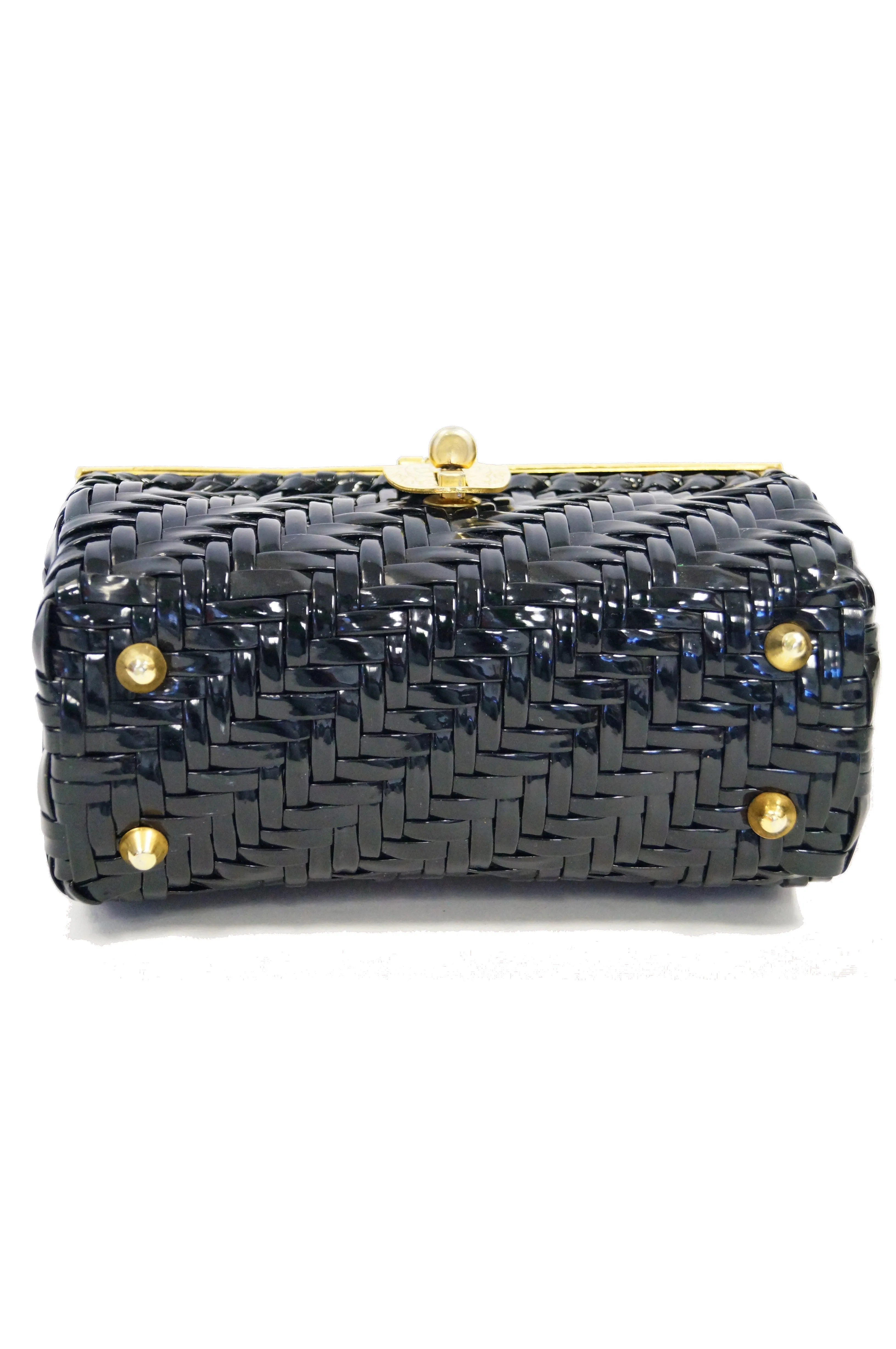 1950s Marcus Brothers Basket Weave Handbag w/ Floral Etched Gold Lid