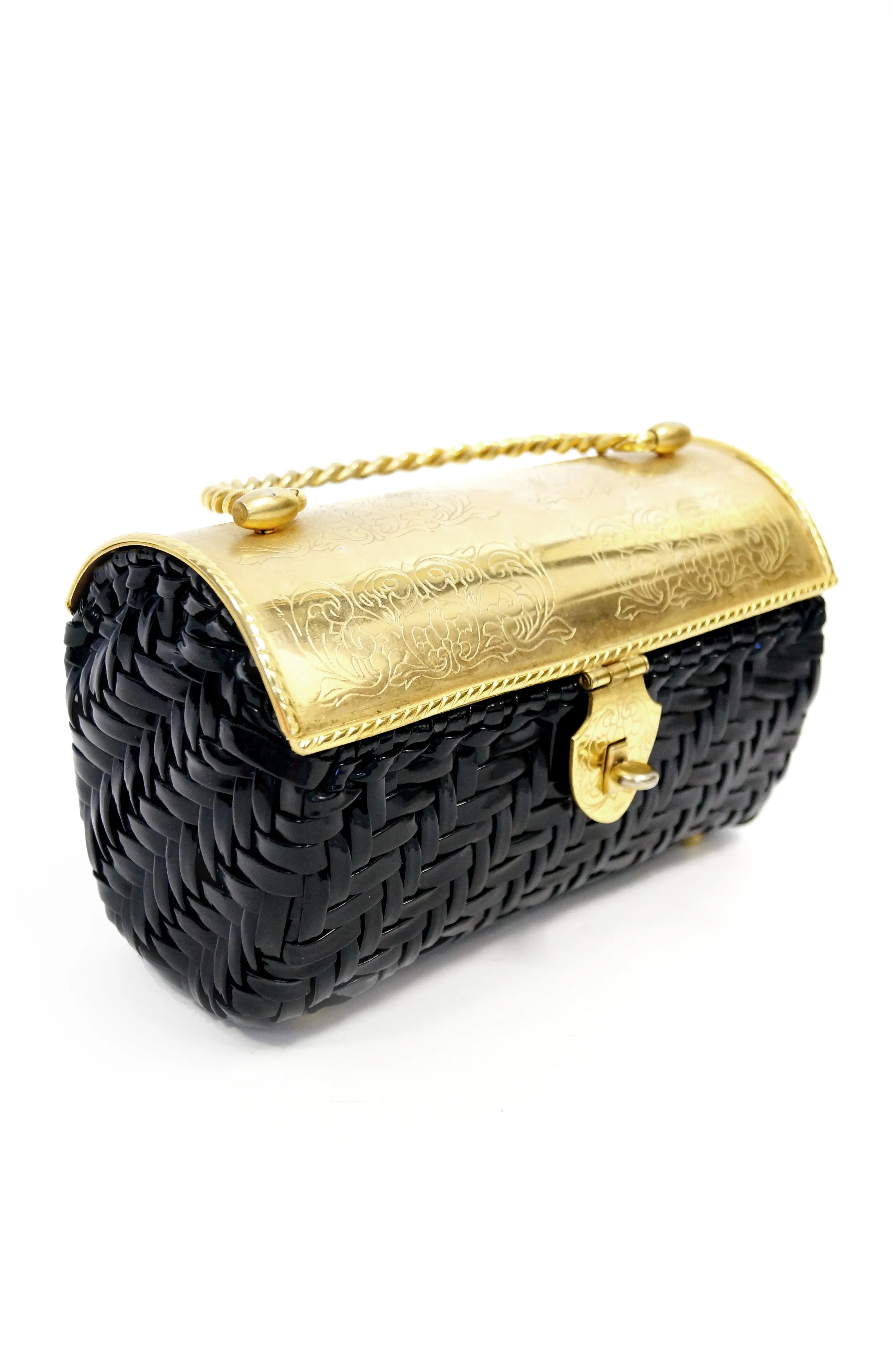 1950s Marcus Brothers Basket Weave Handbag w/ Floral Etched Gold Lid