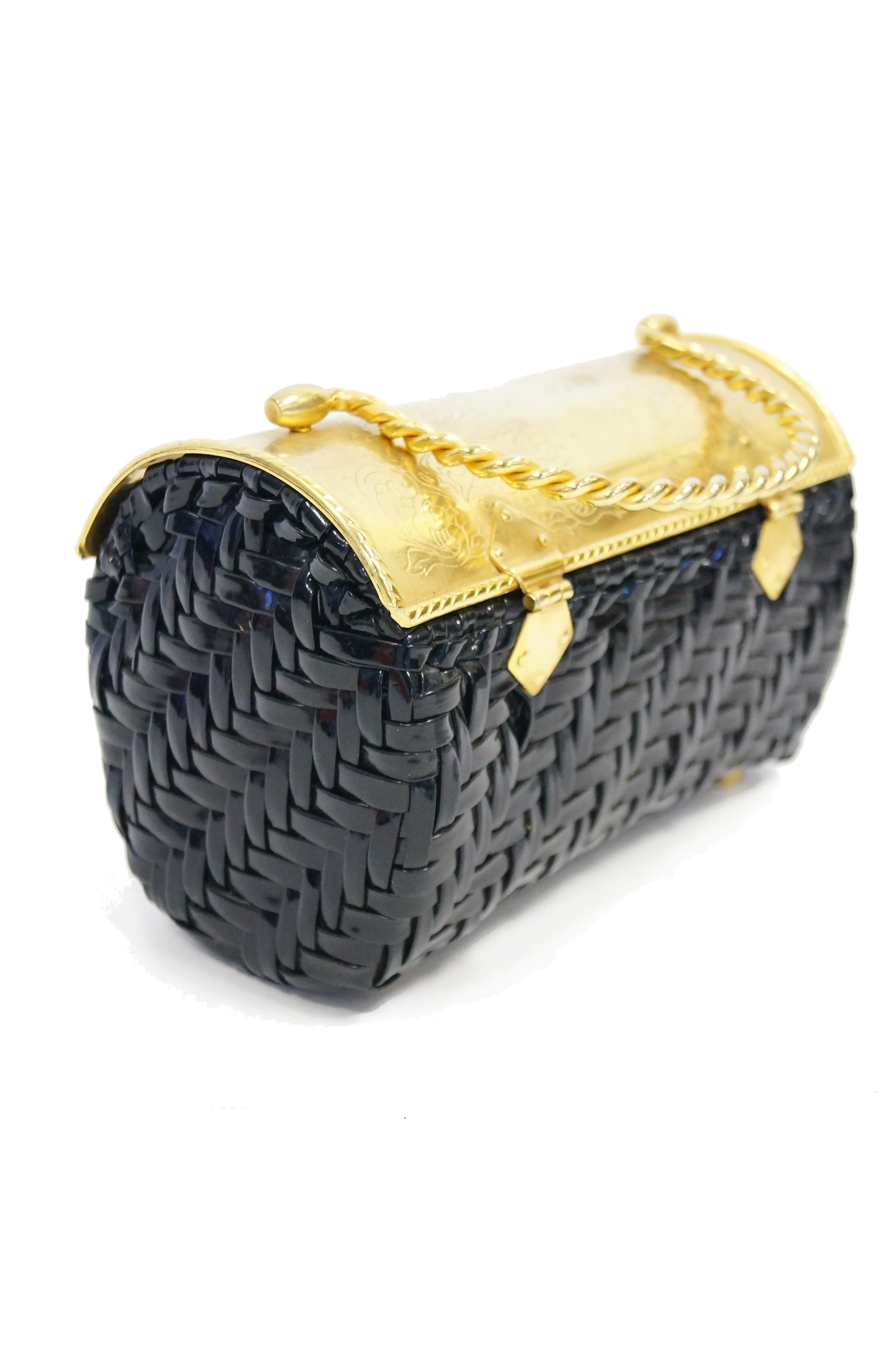 1950s Marcus Brothers Basket Weave Handbag w/ Floral Etched Gold Lid
