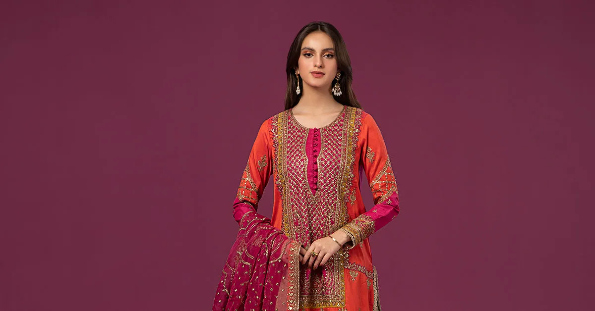 3 Piece Embroidered Raw Silk Suit | SF-EF24-27