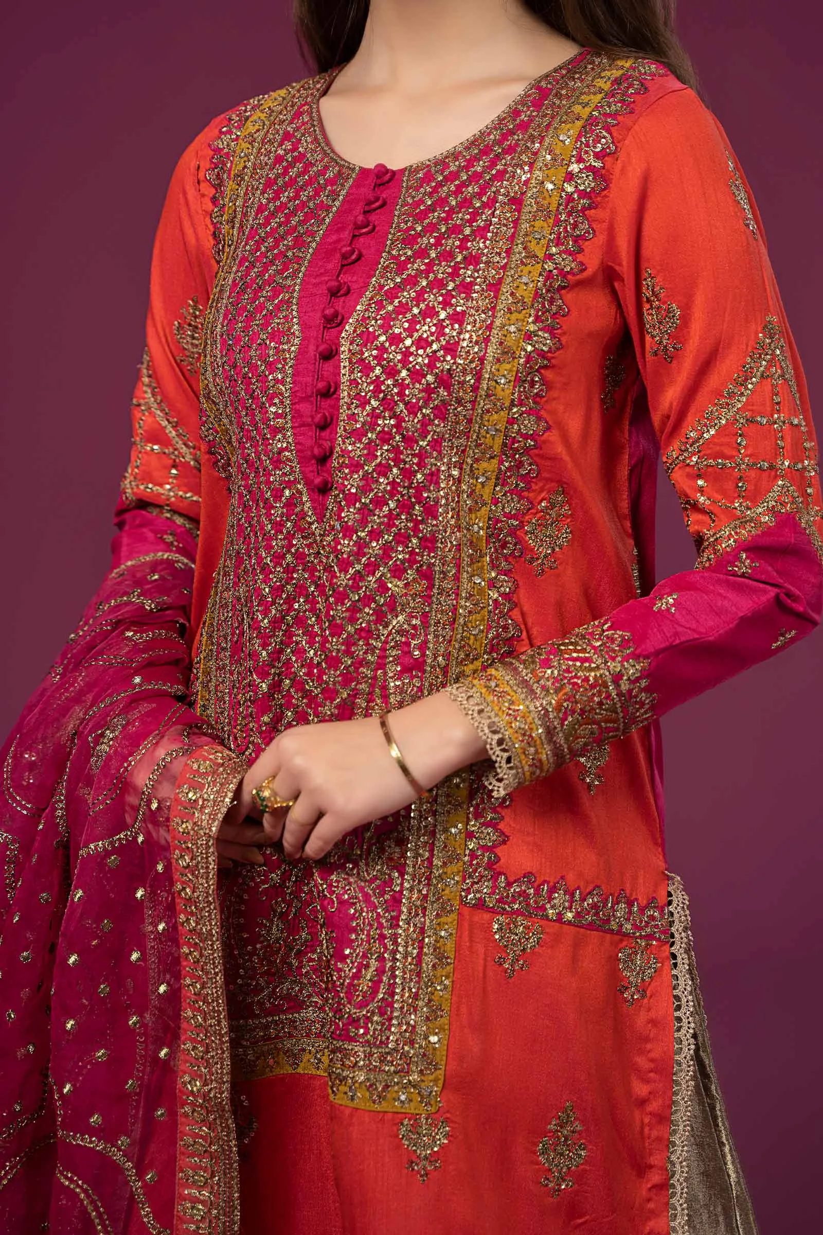 3 Piece Embroidered Raw Silk Suit | SF-EF24-27