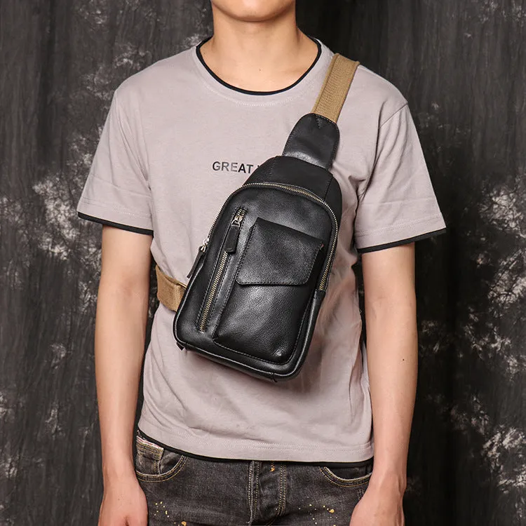 Black Leather Sling Bag Casual Chest Pack Crazy Horse Leather Crossbody Bag