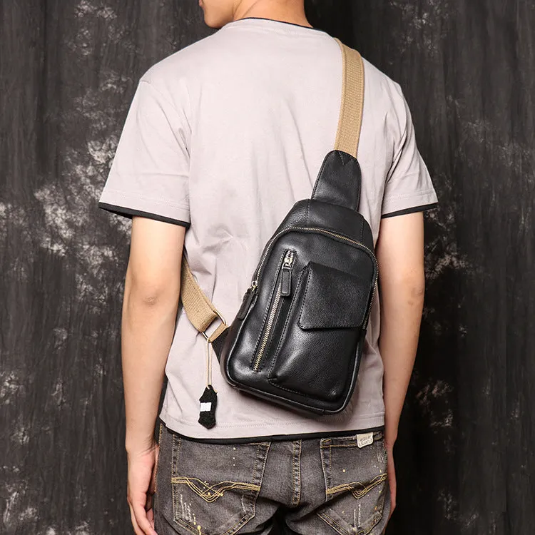 Black Leather Sling Bag Casual Chest Pack Crazy Horse Leather Crossbody Bag