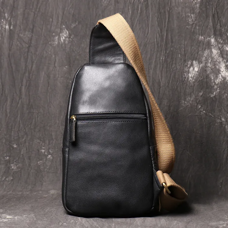 Black Leather Sling Bag Casual Chest Pack Crazy Horse Leather Crossbody Bag