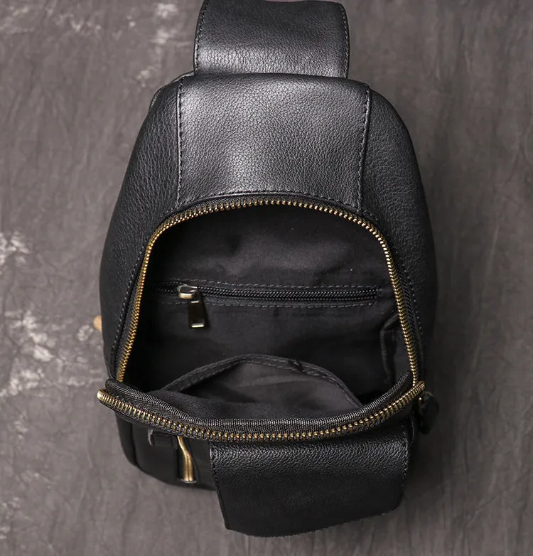 Black Leather Sling Bag Casual Chest Pack Crazy Horse Leather Crossbody Bag