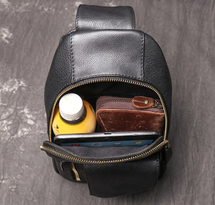 Black Leather Sling Bag Casual Chest Pack Crazy Horse Leather Crossbody Bag