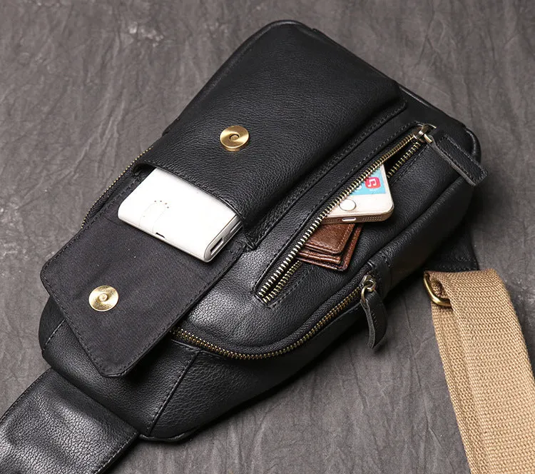 Black Leather Sling Bag Casual Chest Pack Crazy Horse Leather Crossbody Bag