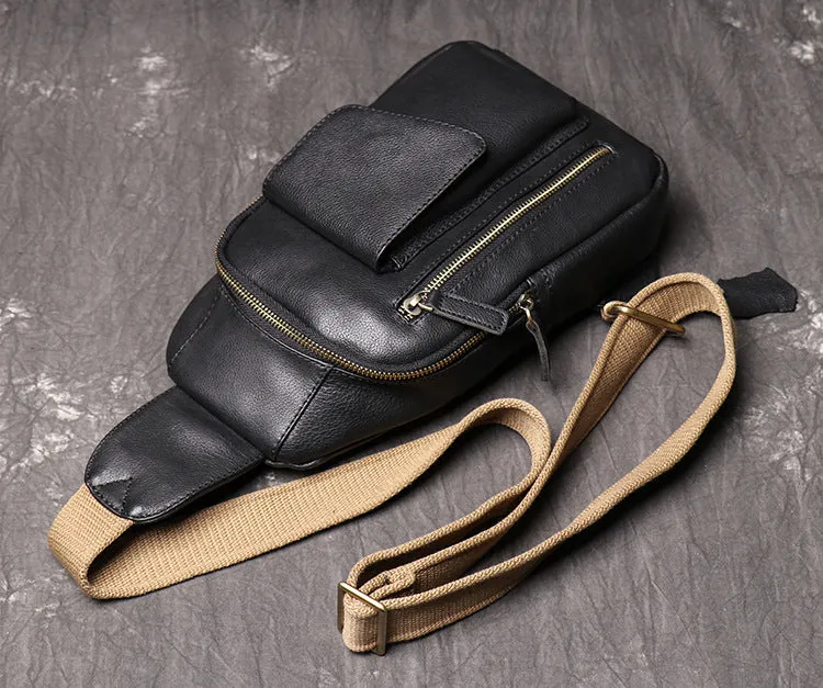 Black Leather Sling Bag Casual Chest Pack Crazy Horse Leather Crossbody Bag