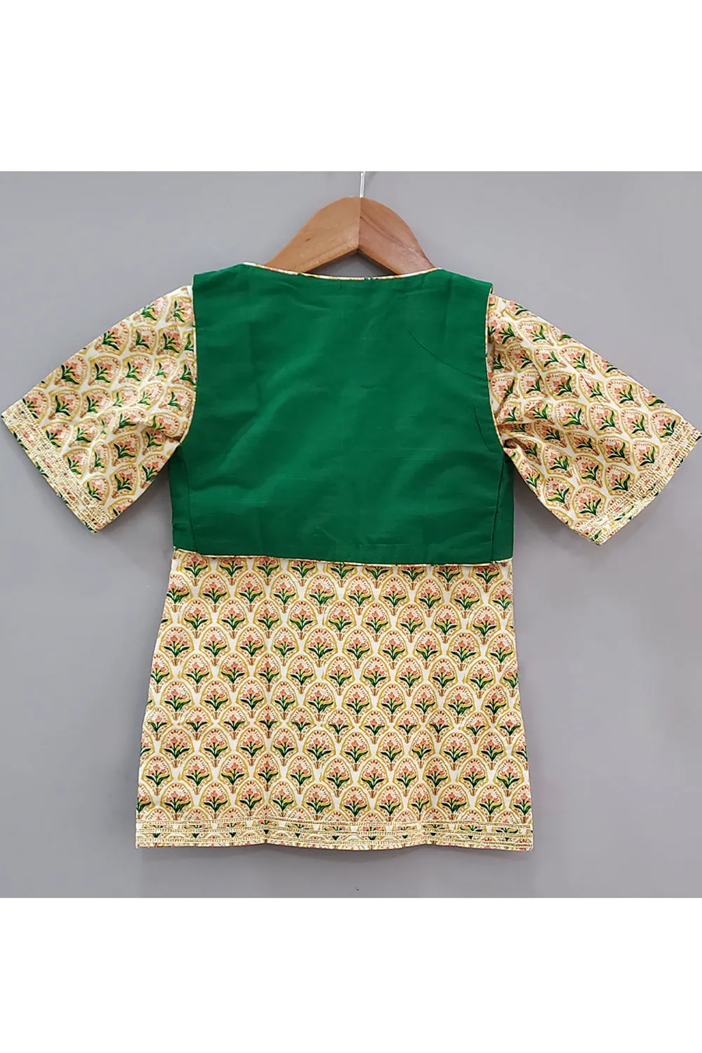 Multicolor Floral printed Kurta With Jacket And Divided Lehenga With Handbag