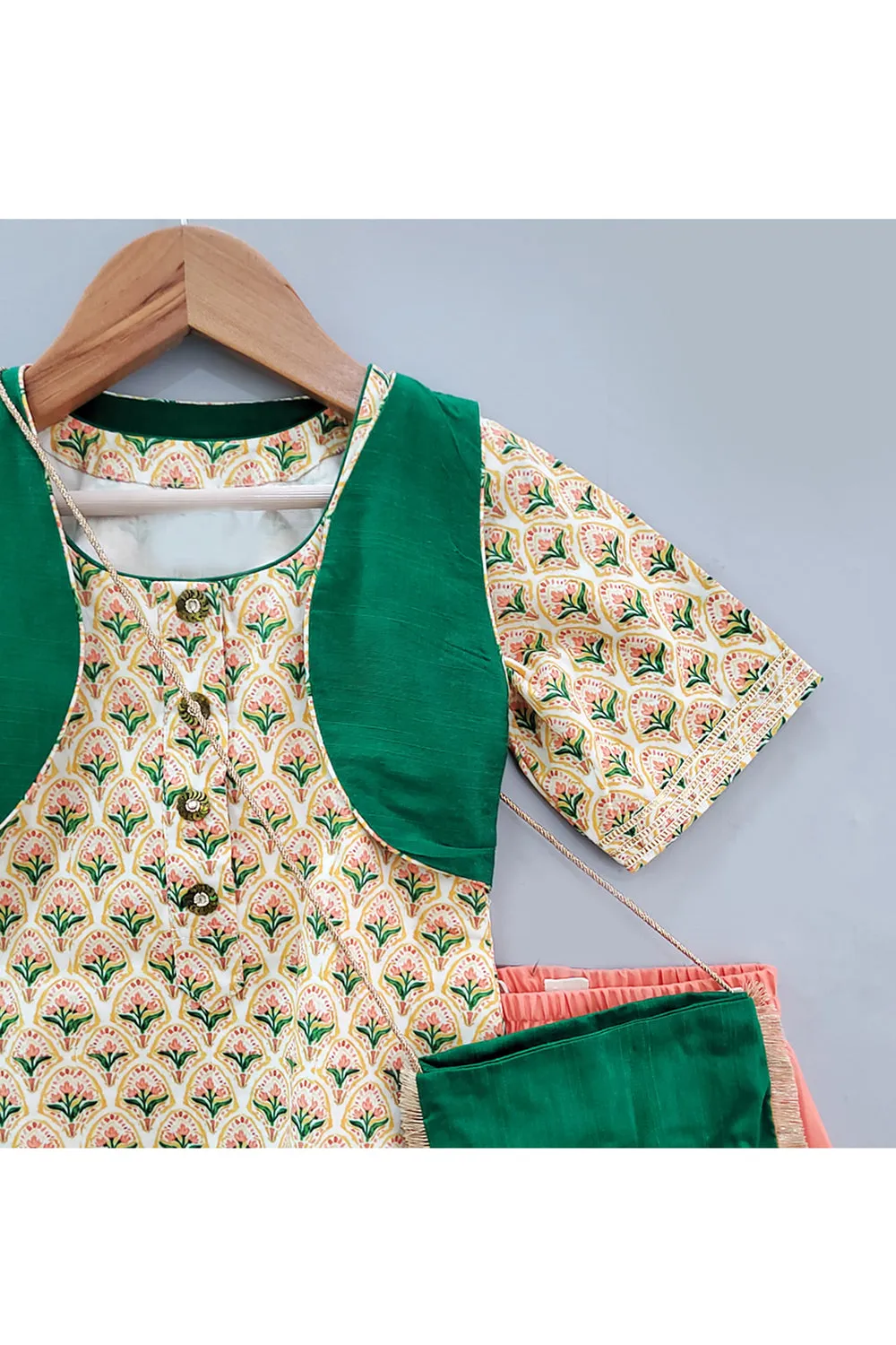 Multicolor Floral printed Kurta With Jacket And Divided Lehenga With Handbag