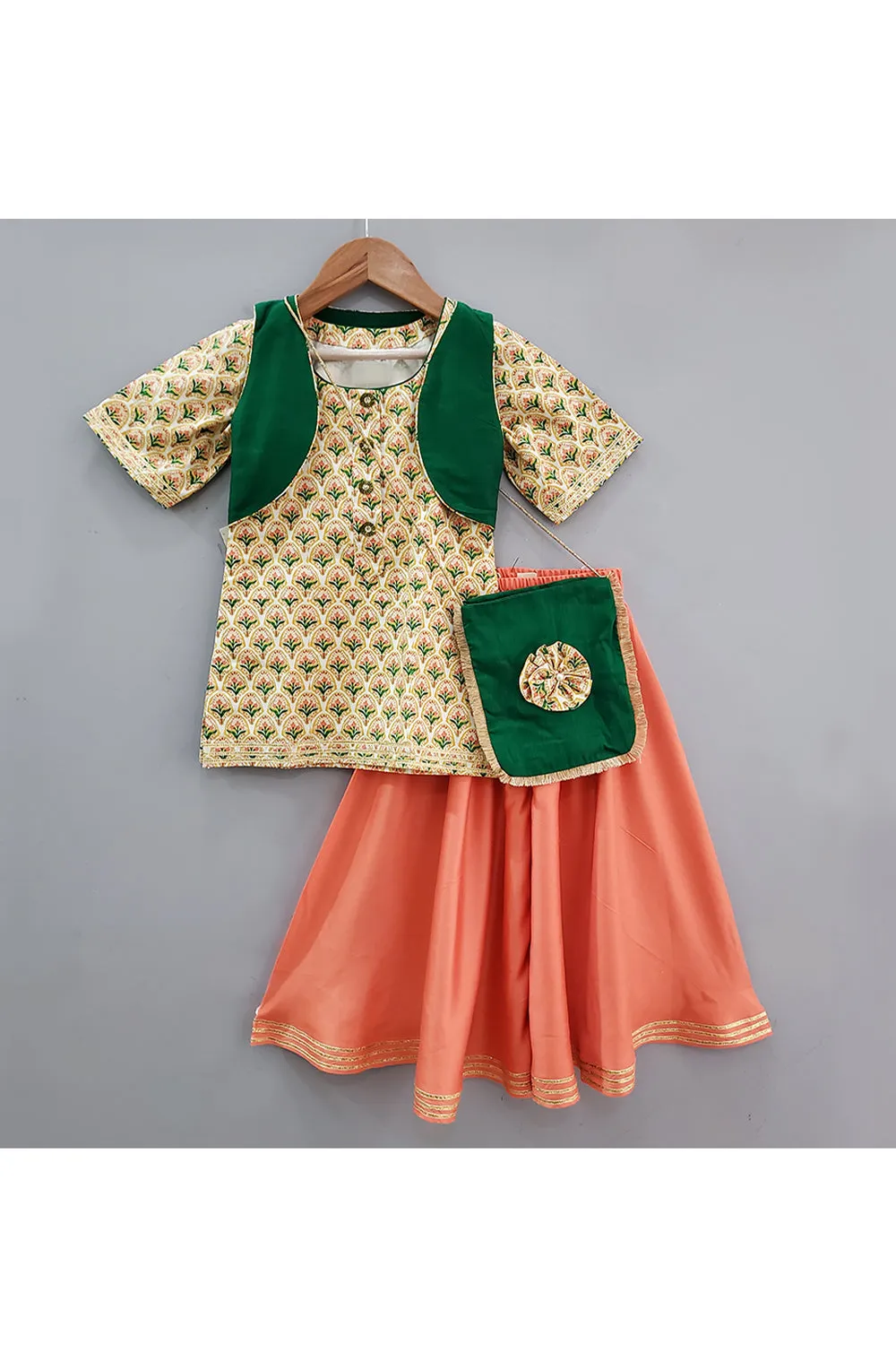 Multicolor Floral printed Kurta With Jacket And Divided Lehenga With Handbag