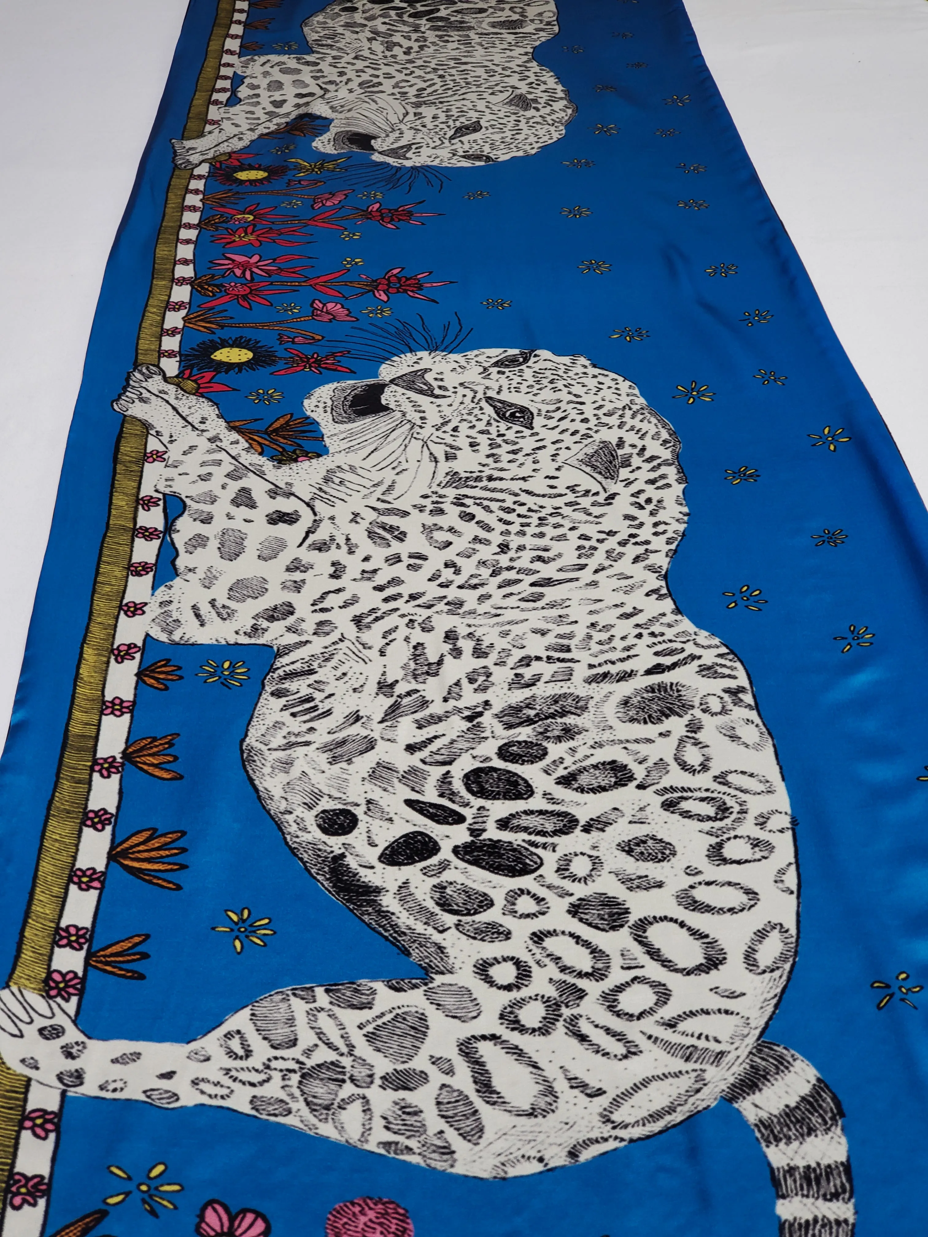 Panthera Pardus Ciscaucasia Silk Scarf Blue