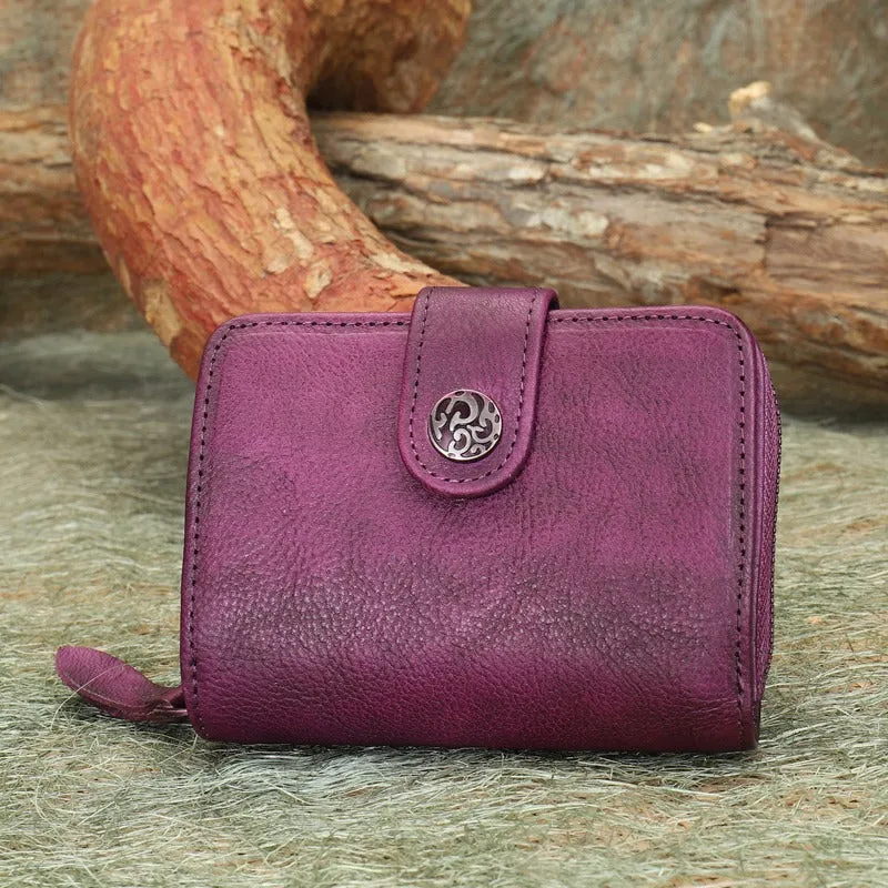Small Purple Leather Trifold Wallet Vintage Billfold Cute Women Buckle Wallet For Ladies